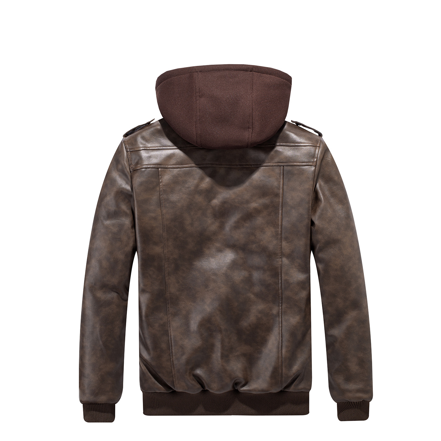 美码男士大码纯色夹棉夹克外套冬季加厚可拆卸连帽拉链机车PU皮衣