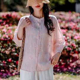 2026夏季新款复古苎麻刺绣开衫女立领宽松显瘦文艺衬衣上衣
