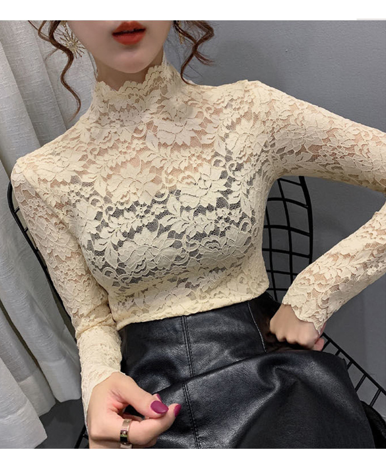 Haut col montant en dentelle transparente – Chemisier élégant à découpes florales et manches pétales (M-XXL, blanc/noir/nude, polyvalent du bureau au dîner)_voghion.com