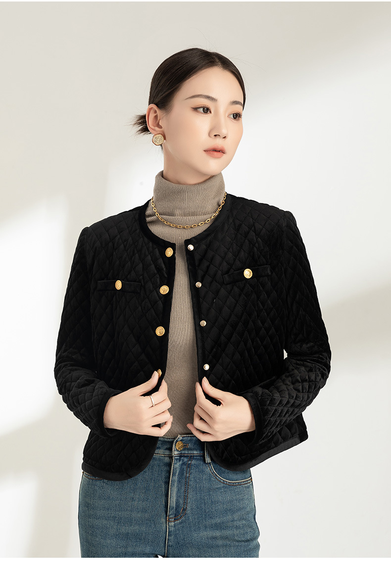 Áo khoác nhung nữ cổ tròn ngắn dày dặn kiểu Chanel chần ô vuông — Màu đen chi tiết 17