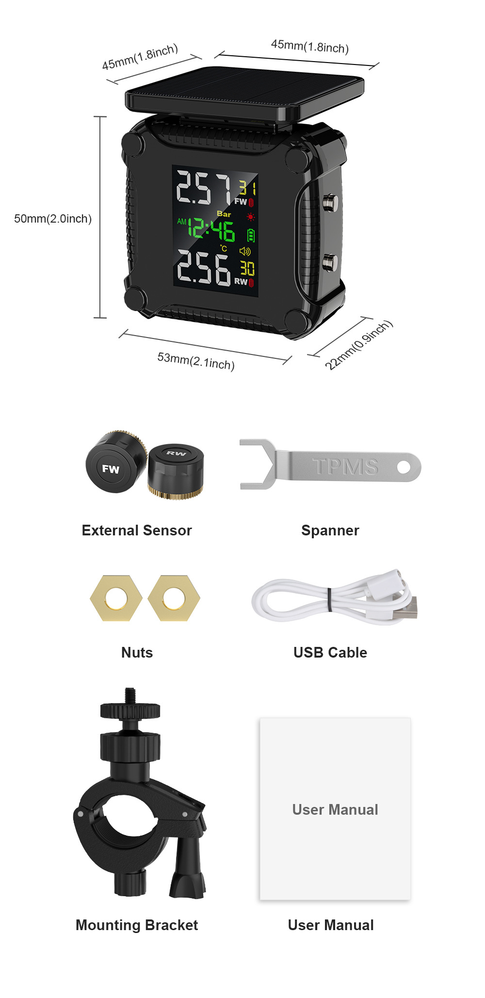 Motorcycle Tire Pressure Monitor, Motorcycle Tire Pressure Solar-Powered High-Precision Sensor Detector, Portable