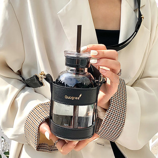 Double cover time scale glass l portable borosilicate portable cup leather cup cover high color value ins portable cup