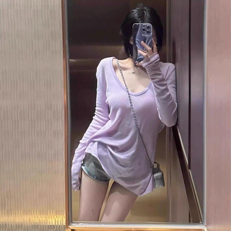 2026 Summer Purple Semi-Sheer V-Neck Long-Sleeve T-Shirt Sun Protection Cover-Up Pure Desire Hot Girl Style In-Stock Wholesale Top