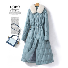 眞皮羽绒服女中长款系带收腰气质水貂毛领外套新款髙端白鸭绒皮衣