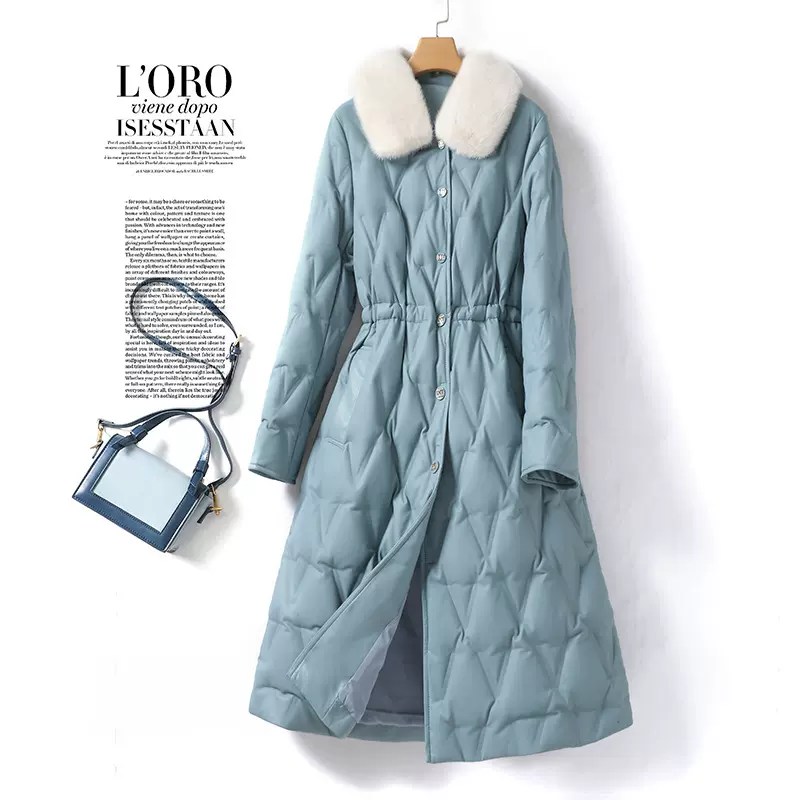 眞皮羽绒服女中长款系带收腰气质水貂毛领外套新款髙端白鸭绒皮衣