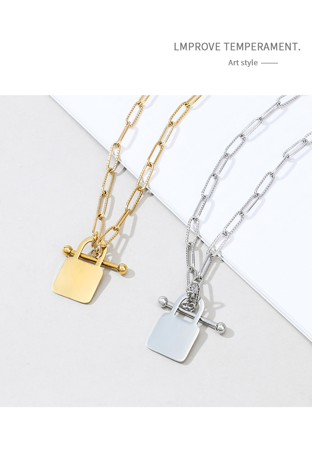 European And American New Ot Buckle Stainless Steel Lock Pendant Necklace Wholesale display picture 4