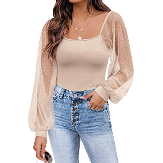Top de Verano 2025 para Mujer, Estilo Europeo y Americano, Transparente, con Mangas Farol, Diseño de Parches, Ajustado