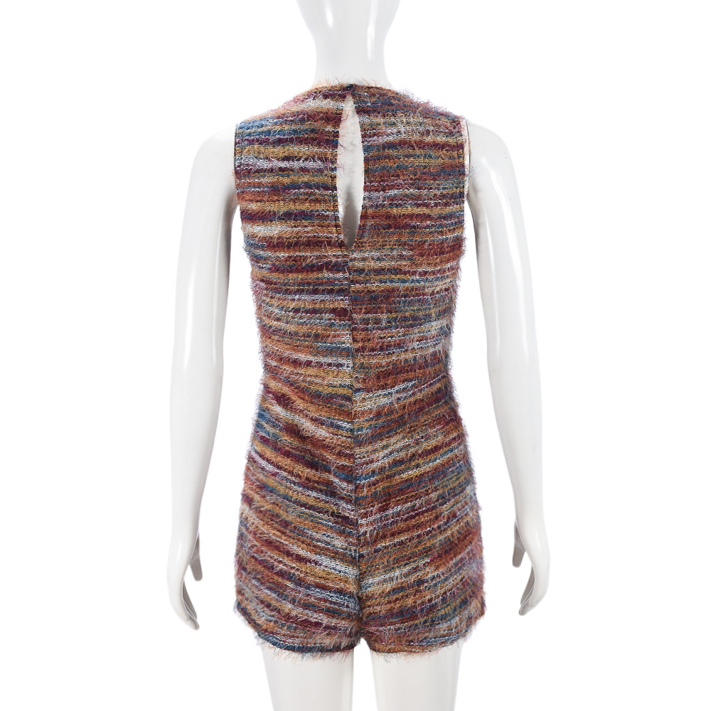 Women Clothing Sleeveless Tight Sexy Color Block Hollow Out Cutout Yarn Dyed Fluff Jumpsuit