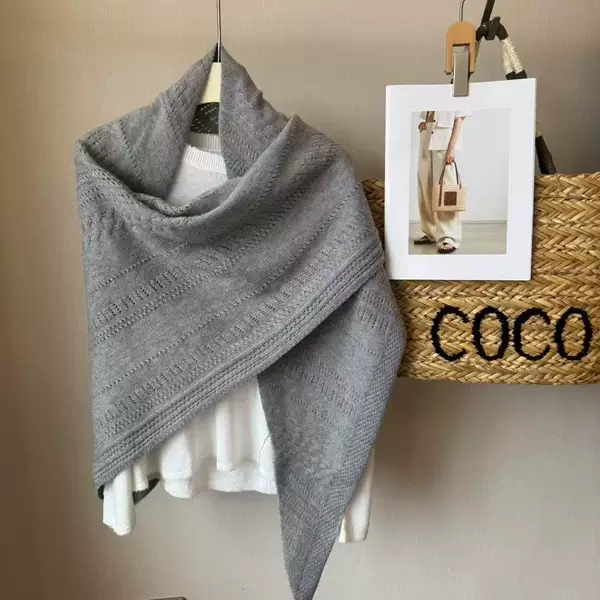 Vintage Solid Color Hollow Knit Wool Blend Large Triangle Shawl for Women Korean Fashion Versatile Shoulder and Neck Wrap