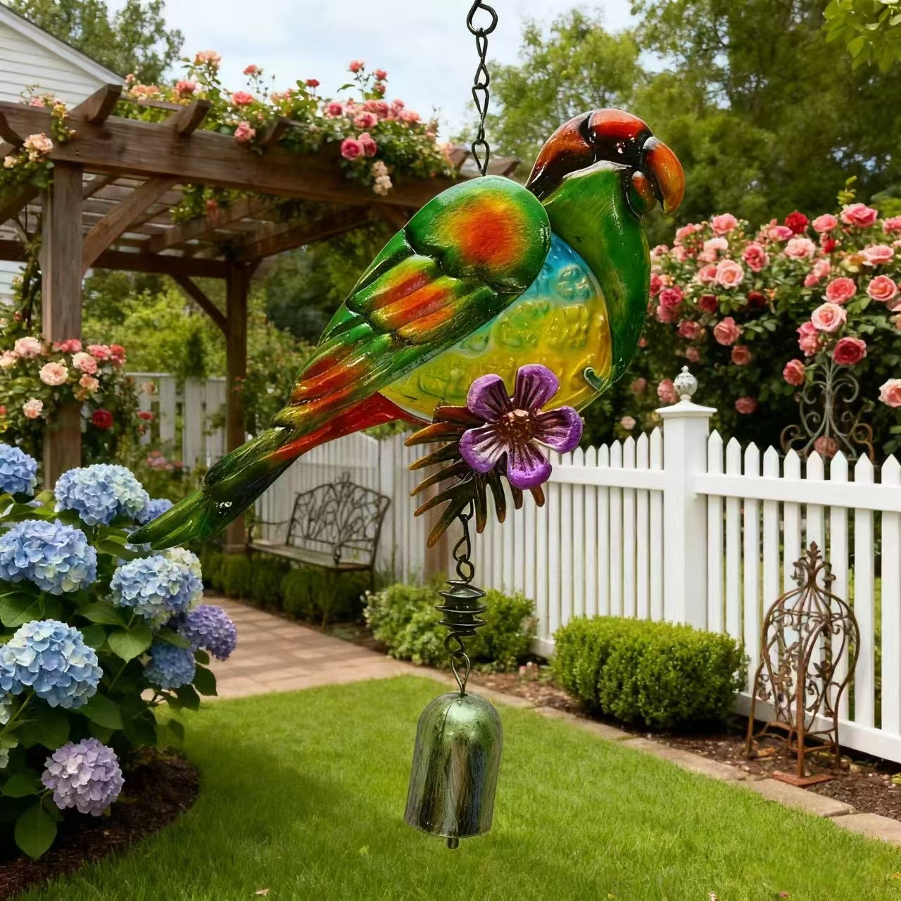 跨境新品新款彩色金属鹦鹉风铃工艺品庭院阳台户外装饰品