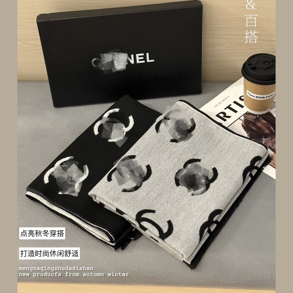 （全套包装）高端小香双面字母冬季披肩围巾保暖加厚羊绒披肩围脖