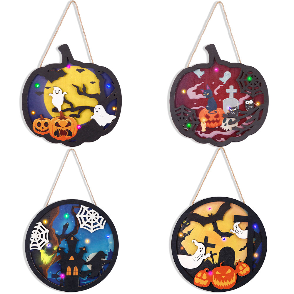 Nuevo Halloween de madera colgante luz-emisor fantasma Festival atmósfera diseño accesorios calabaza fantasma puerta redonda placa adornos