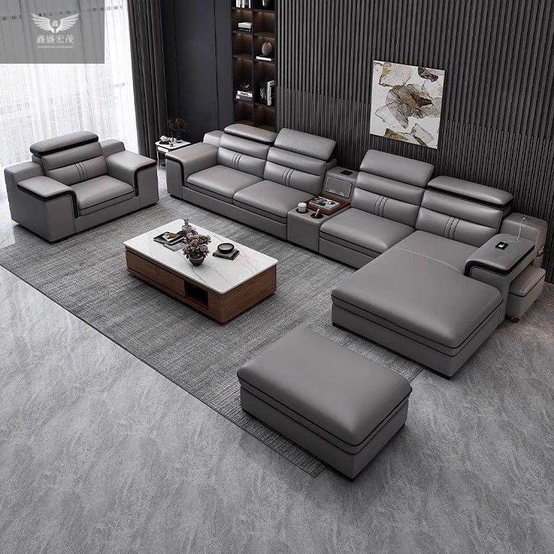 Sala de estar sala de estar multifuncional sofá de cuero moderno y simple, sofá de diseño de combinación de consorte de apartamento grande de lujo ligero
