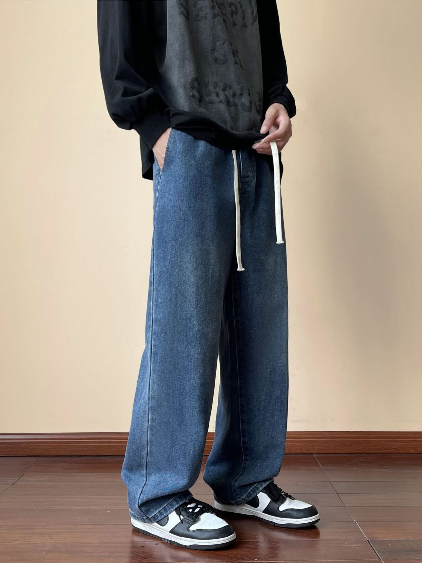 Pantalones Jeans Rectos Holgados para Hombre de Algodón con Cintura Elástica para Uso Casual