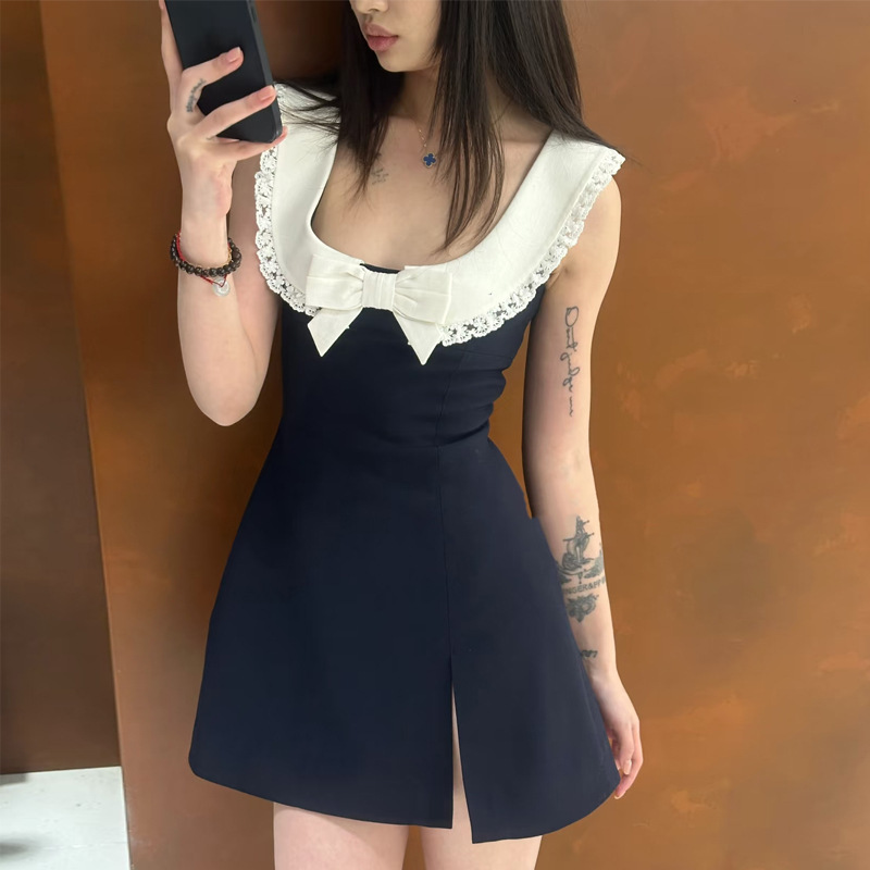 [Ready Stock] New Summer Style Low Round Neck Sweet Bow Tie Waist-Cinching Sleeveless Dress 25204