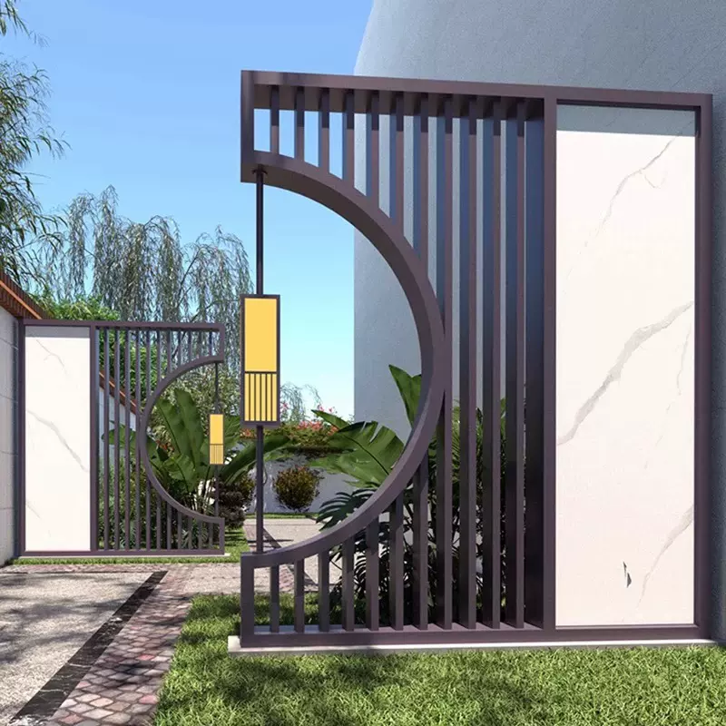 新中式不锈钢半月洞屏风园林庭院入户玄关格栅户外隔断影壁墙定制