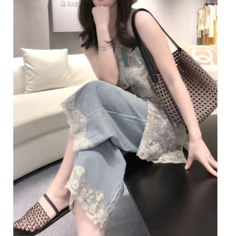 Forest Luyin 2025 New Spring and Summer Light Luxury European Style Designer Splicing Denim suit Women's Two-Piece Set