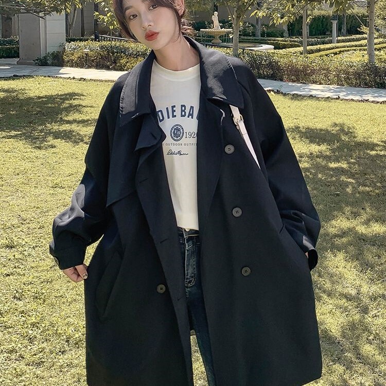 Women's Clothing Spring 2026 New Black Trench Coat for Petite Women, Spring and Autumn Mid-Length Korean Style Casual Loose Fit