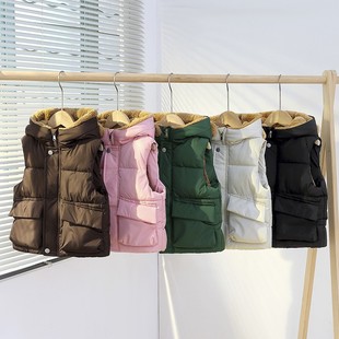 Children's Vest Hooded Thickened Boys' Outer Wearing Warm Waistle Girls' Baby's Velvet Vest Small and Medium-sized Children's Cute Baby