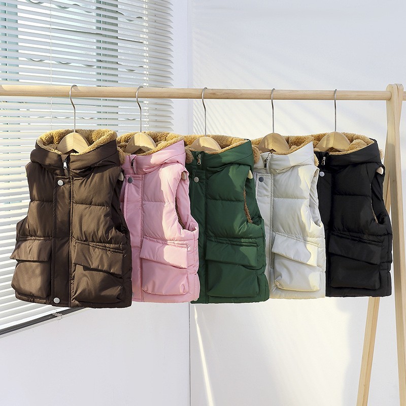 Children's Vest Hooded Thickened Boys' Outer Wearing Warm Waistle Girls' Baby's Velvet Vest Small and Medium-sized Children's Cute Baby