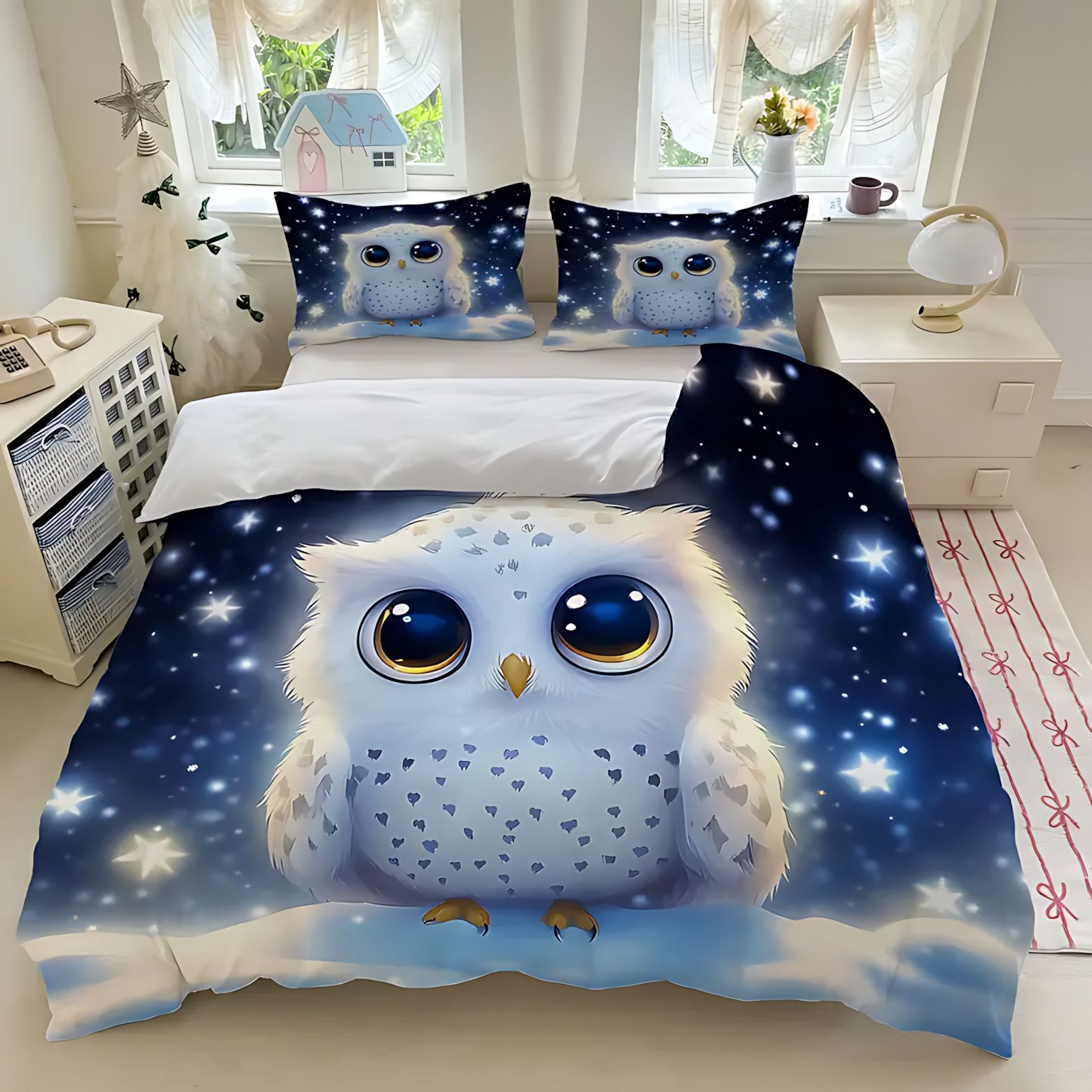 Temas de dibujos animados TEMU / JIT de comercio exterior búho impresión digital 3D cubierta de edredón con kit de cama para dibujar se puede hacer