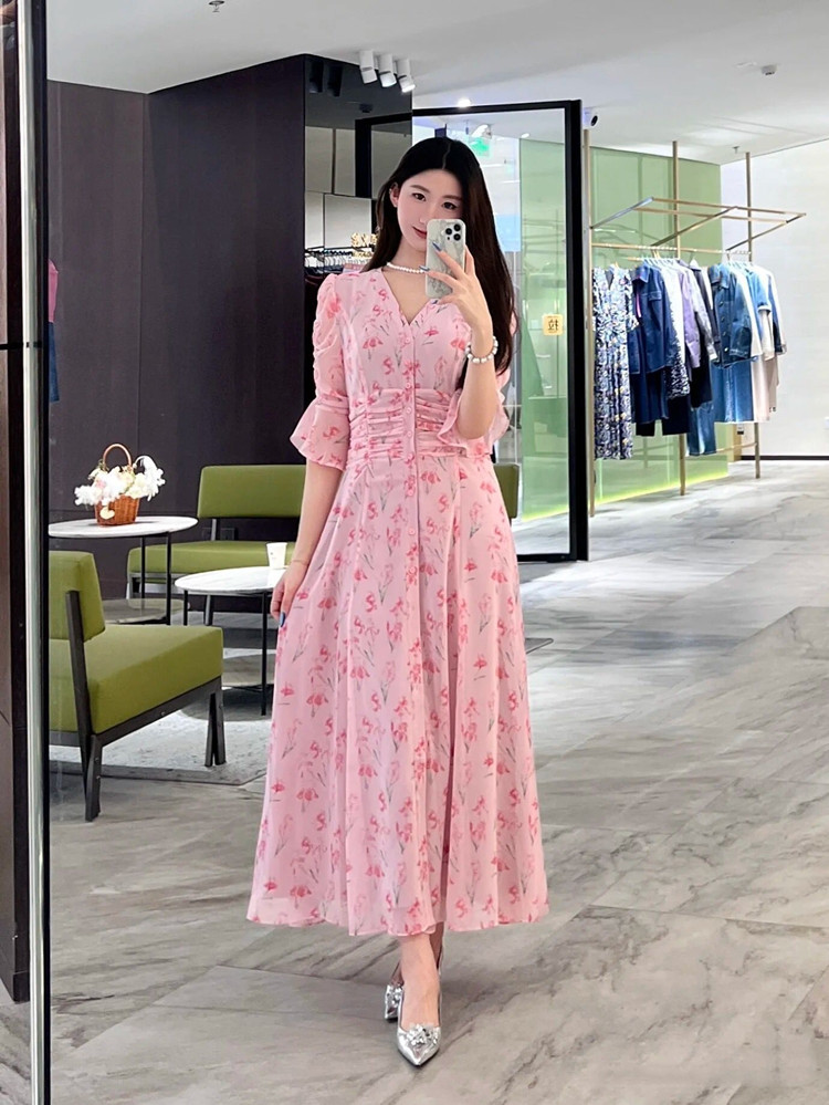Đầm maxi nữ thắt eo họa tiết hoa nhí kiểu Pháp — Hồng anh đào mộng mơ chi tiết 7