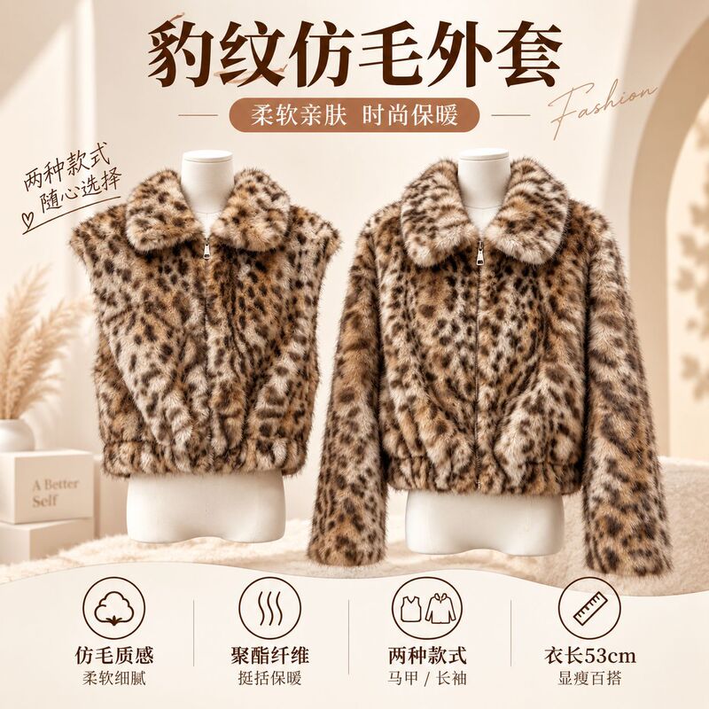 Women's autumn and winter leopard print faux fur short jacket with a stand-up collar, thickened faux fur outerwear, vest, long sleeves, cross-border bestseller Women's autumn and winter leopard print faux fur short jacket with a stand-up collar, thickened faux fur outerwear, vest, long sleeves, cross-border bestseller