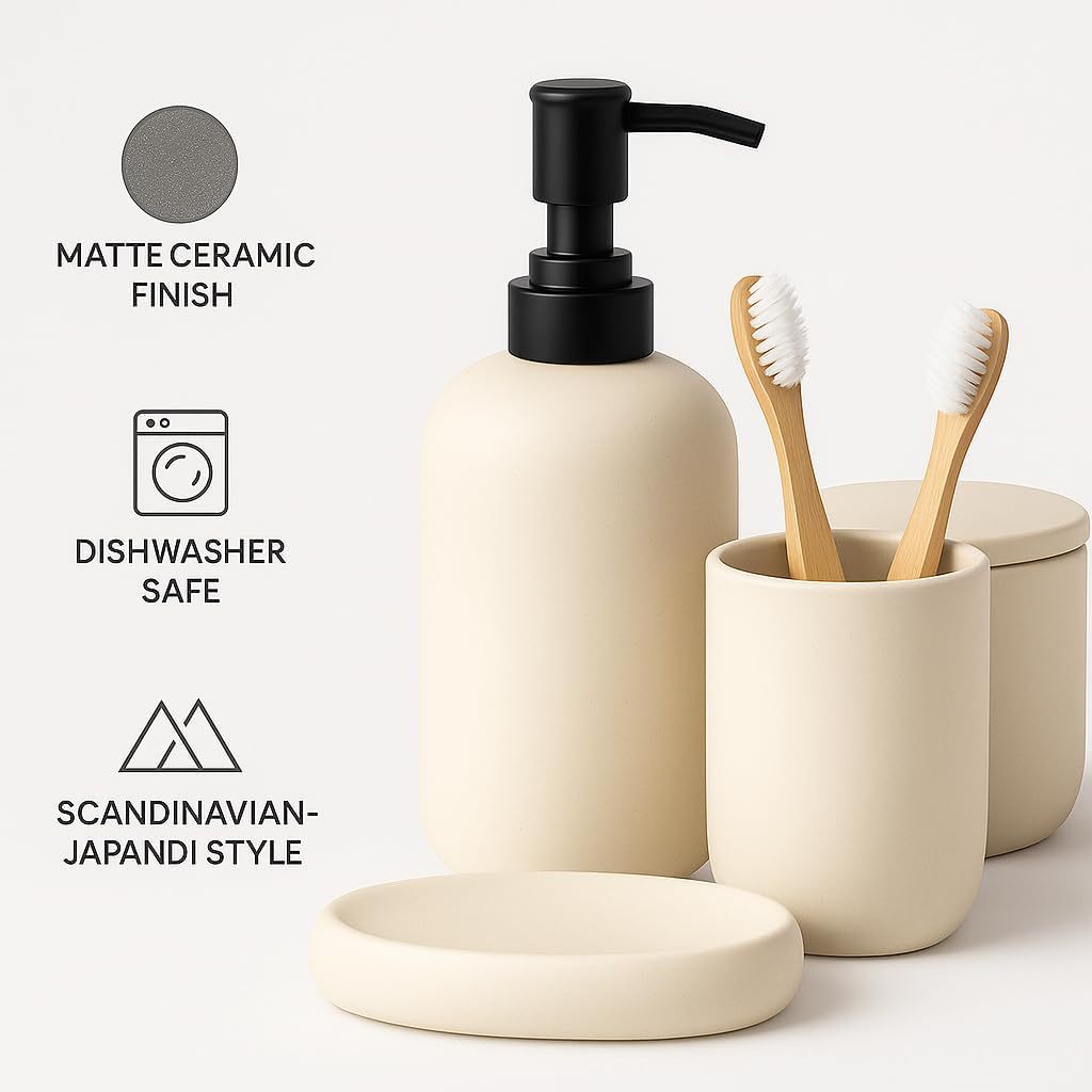 Accesorios de baño de cerámica nórdica moderna de cuatro piezas, caja de jabón de color neutro, set de lavado de jabón image 6