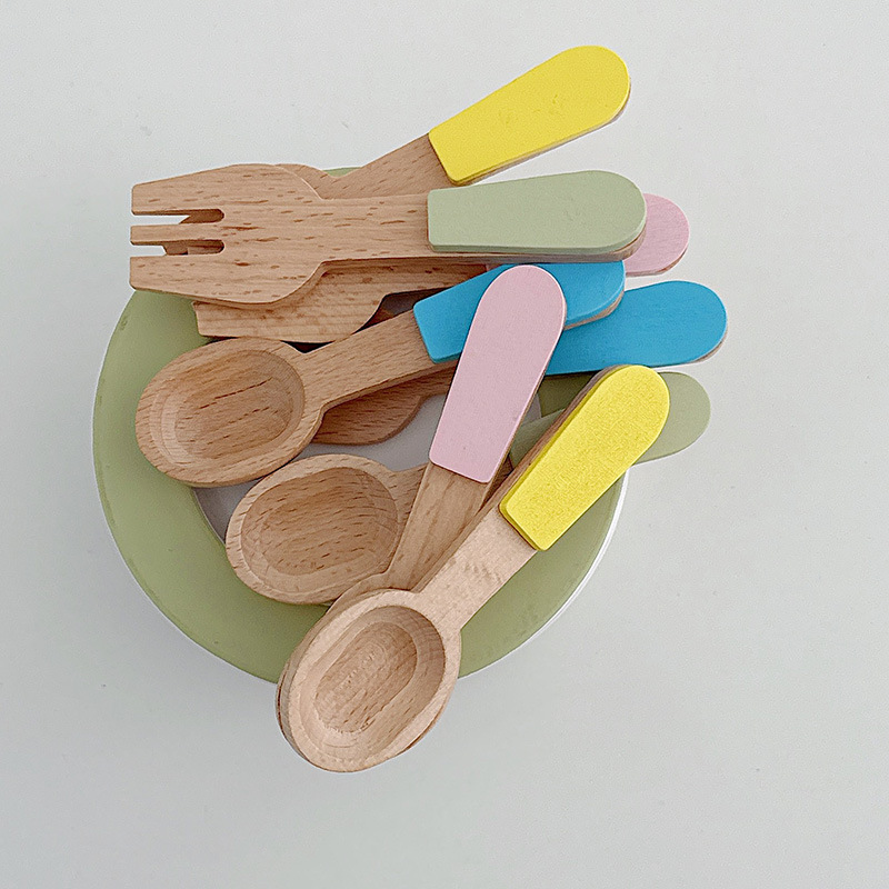 Juego de vajilla de estilo nórdico, juguetes de madera para niños, vajillas de colores, cucharas de sopa de madera, juguetes de cocina para el hogar
