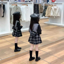 女童秋装韩系灰色针织马甲+顺滑黑色衬衫+黑白格短裙安全裙裤单拍