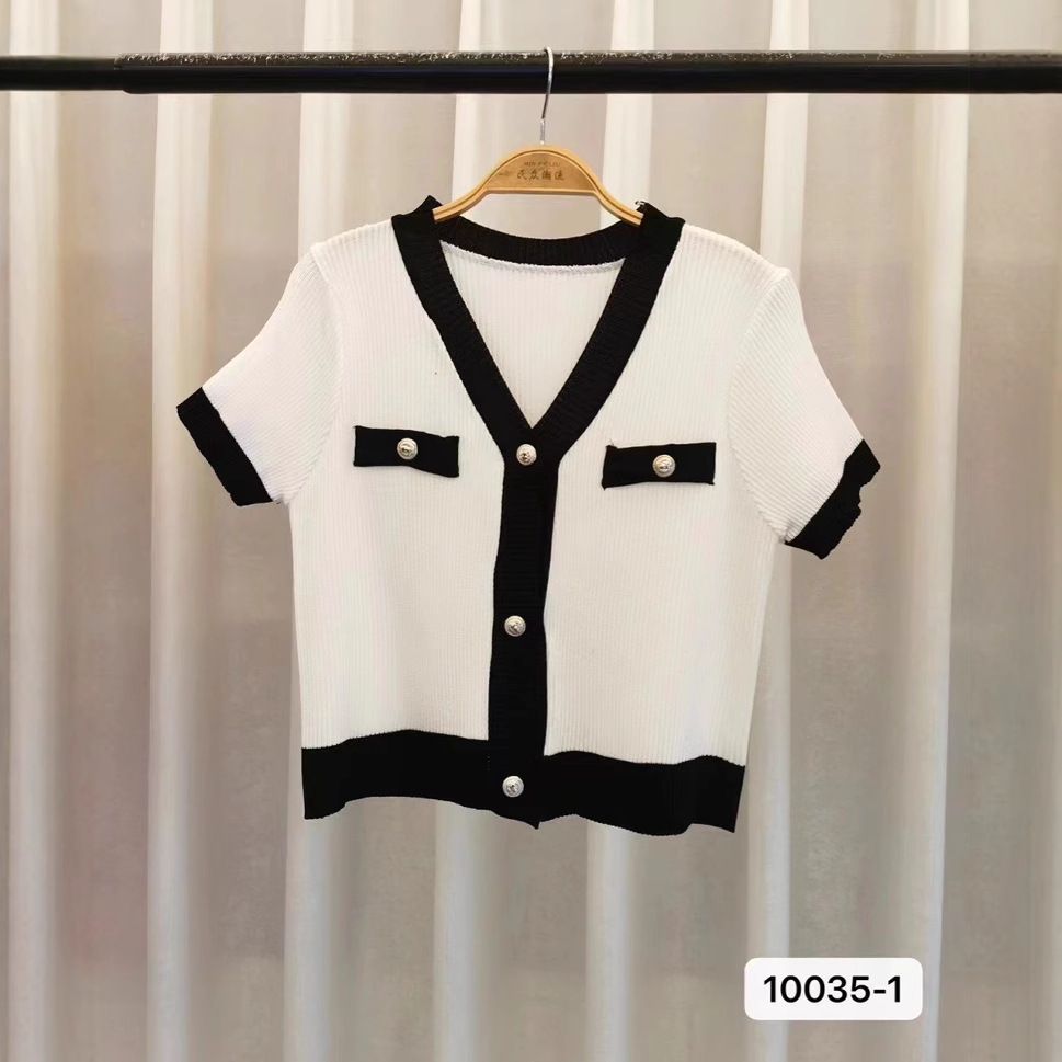 Cross-border Retro Chanel Style V-neck Short Knitted Cardigan Women's New Contrast Color Single-breasted Short-sleeved Jacket Trendy