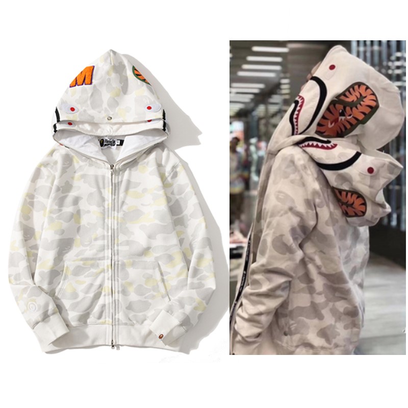 猿人APE サメと虎の頭刺繍入り迷彩柄ダブルハットスウェットシャツ メンズ ゆったりカーディガン ジップアップフード付きジャケット 夜光