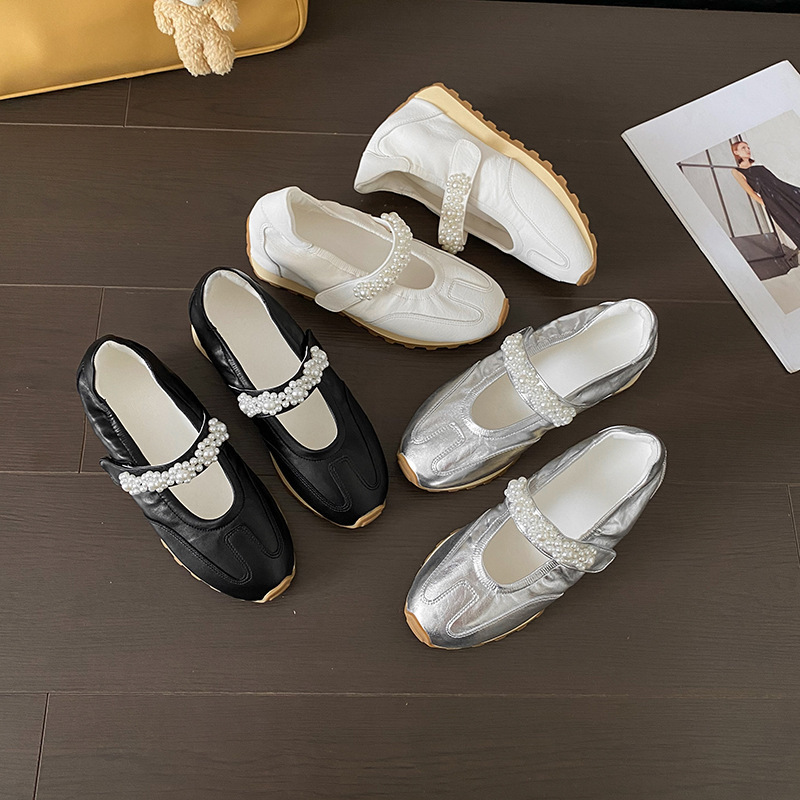 Sheepskin Retro Sports Style Shoes Ballet Shoes Women's Thick-Soled Pearl Strap Casual Versatile Forrest Gump Shoes Mary Jane Shoes