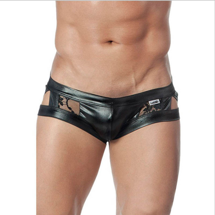 Sexy men's lace thong men's sexy underwear front imitation leather back transparent briefs temptation