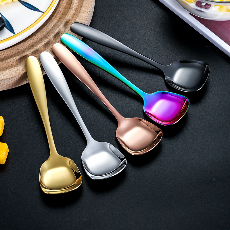 Cuchara plana de acero inoxidable 304 para comer y beber sopa cuchara cuadrada mango largo sopa cuchara espesa lingote pequeña cuchara al por mayor