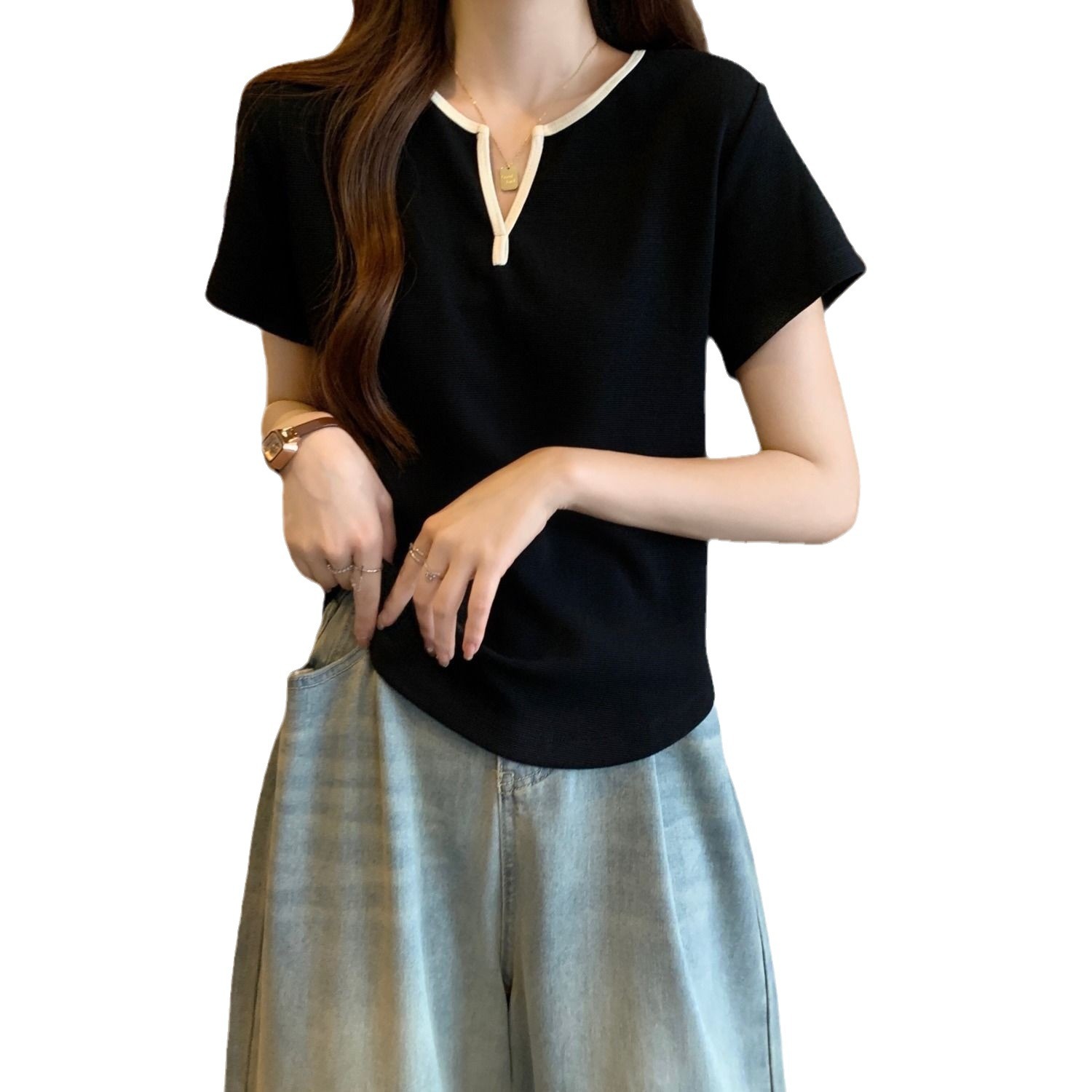 Ropa de mujer de talla grande grasa m2024 verano con cuello en V nuevo estilo reducción de edad hombros de manga corta todo fósforo que cubre la carne y se ve delgada camiseta de moda image 6