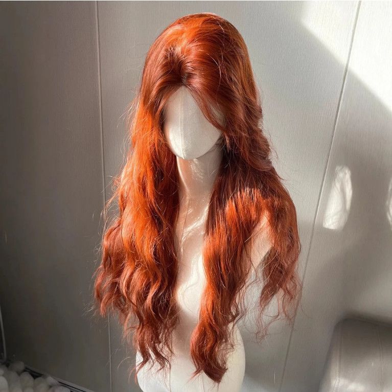 Wig for Women, Full Headgear, Long Curly Hair, Dirty Orange Water Ripples, Korean Style Oil Painting Girl, Natural Fluffy Whole Head