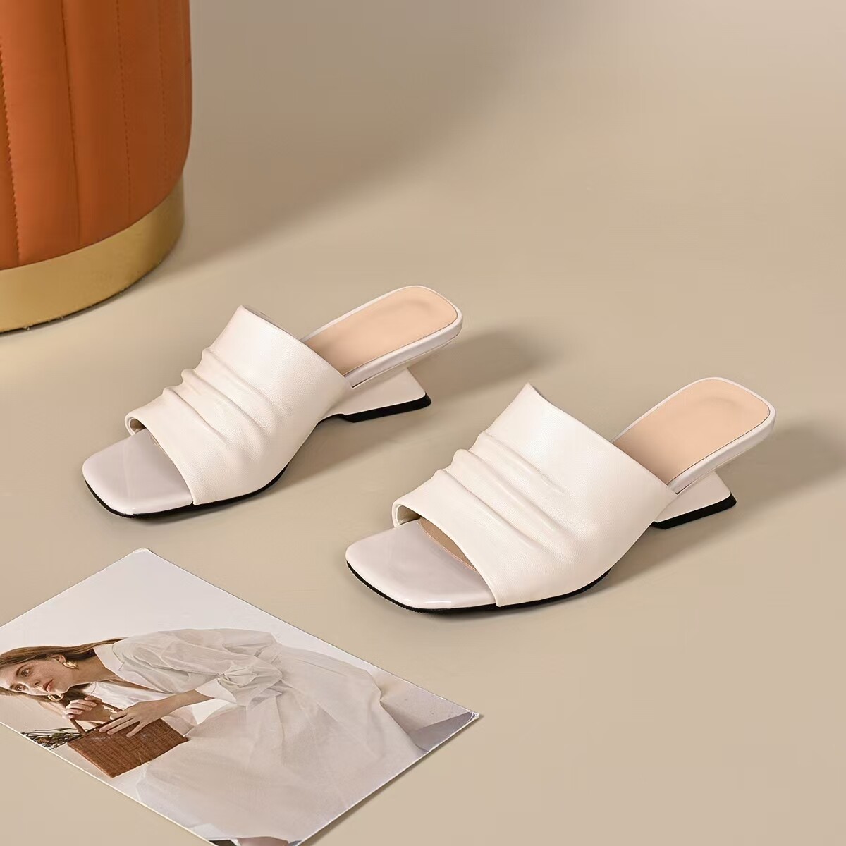 Dép sandal nữ quai ngang mũi vuông da thật đế bệt chống trượt — màu đen chi tiết 8