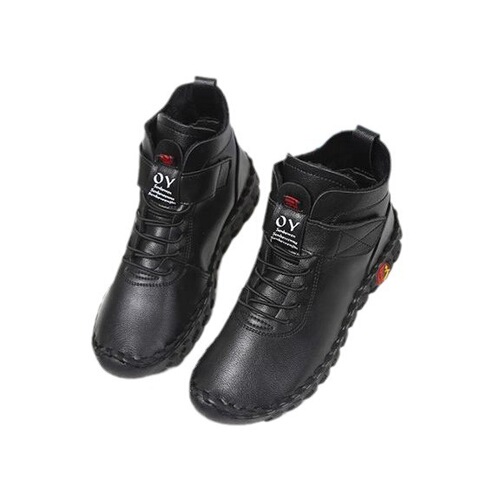 Women's cotton shoes, flat-soled autumn/winter boots with cow tendon soles—comfortable, non-slip, mom-friendly shoes, fleece-lined, versatile, casual, Velcro-fastened boots.