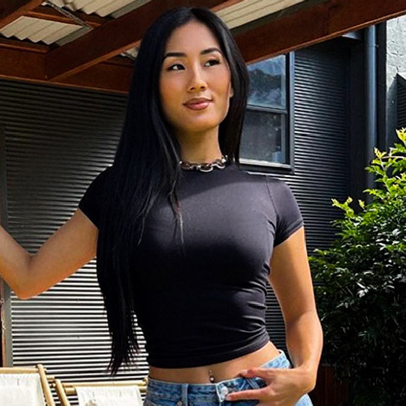 欧美街头辣妹风纯色短袖基本款T恤女跨境新款圆领修身打底上衣潮|undefined