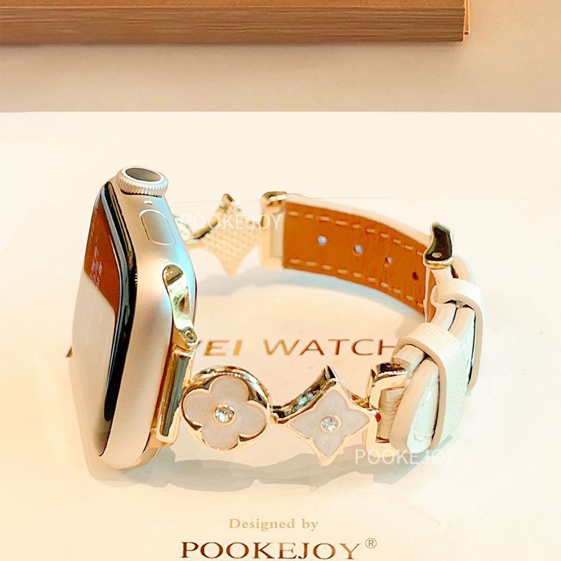 Suitable for Apple Watch Strap Applewatch Four-Leaf Flower Leather Metal S8 Belt S10 High-End S9