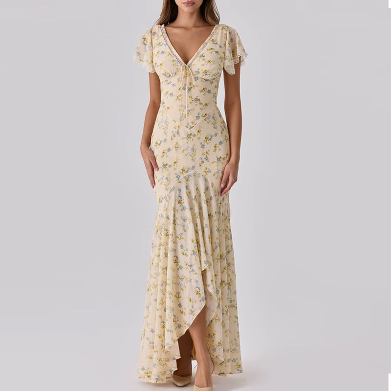 In Stock: Simple and Elegant Lemon Floral Print Chiffon Maxi Tea Dress, 2026 New Style Mermaid Dress In Stock: Simple and Elegant Lemon Floral Print Chiffon Maxi Tea Dress, 2026 New Style Mermaid Dress