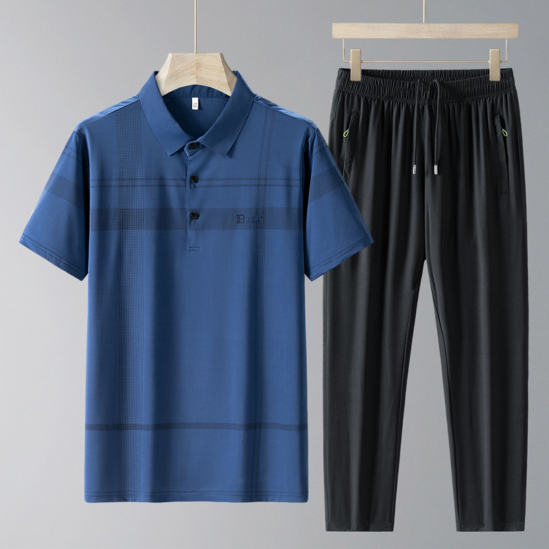 Traje casual de verano pantalones de manga corta para hombre 2025 nueva camisa POLO con sensación de hielo traje de dos piezas para papá de secado rápido para hombre