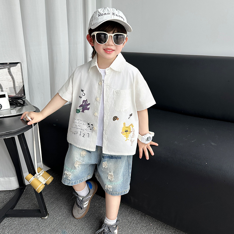 7274 Camisa de manga corta para niños Camisa estampada de primavera Ropa fina de verano para niños 2025 Nuevo estilo de moda