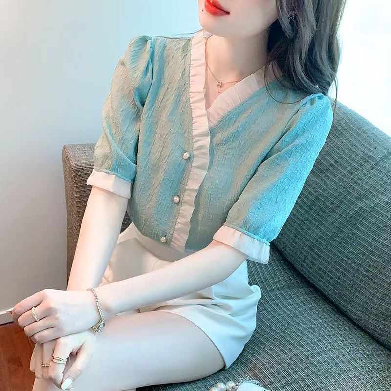 Chiffon Shirt 2026 Summer New French Style Slimming Ruffled Sweet Blouse Fresh Mid-Sleeve Top