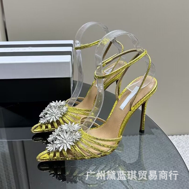 2023夏季真丝条带编织镂空水钻花朵包头中空后扣带欧美高跟凉鞋|undefined