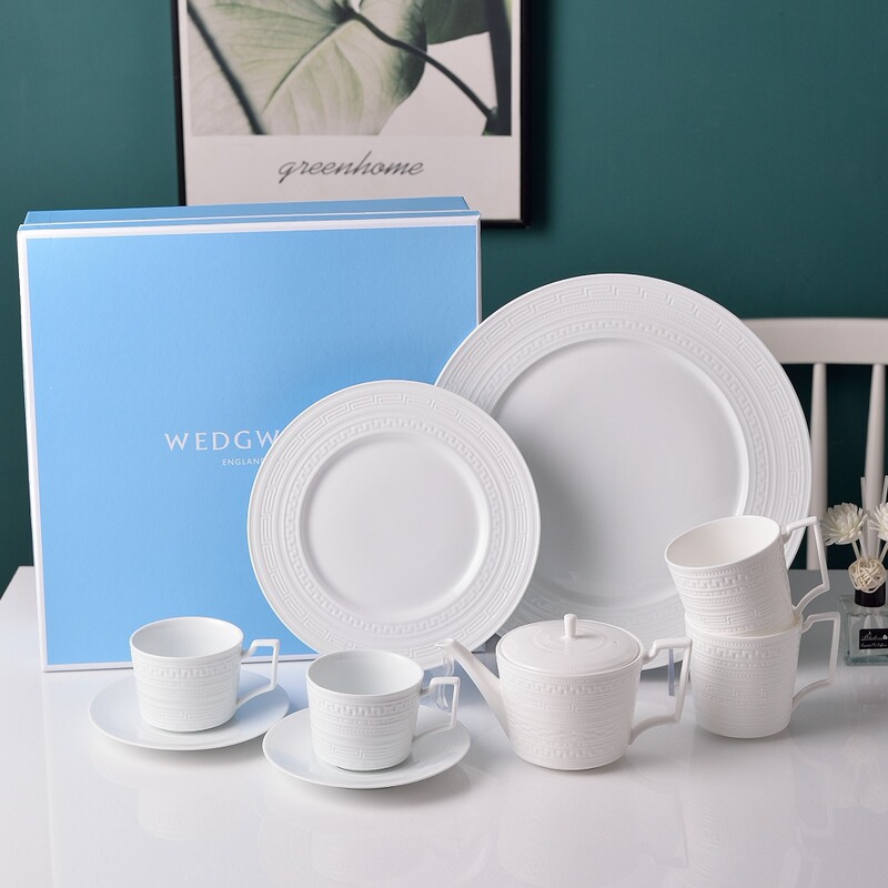 W Home European-style Bone China Embossed Pure White Household High-grade Coffee Cup and Saucer European-style Ceramic Gift Box suit Wholesale Gifts
