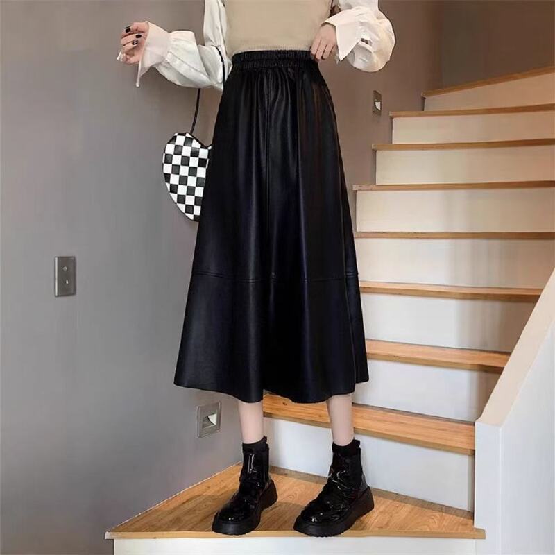 黑色皮裙半身长款女小个子秋季2025新款高腰伞裙a字裙pu皮半身裙|undefined