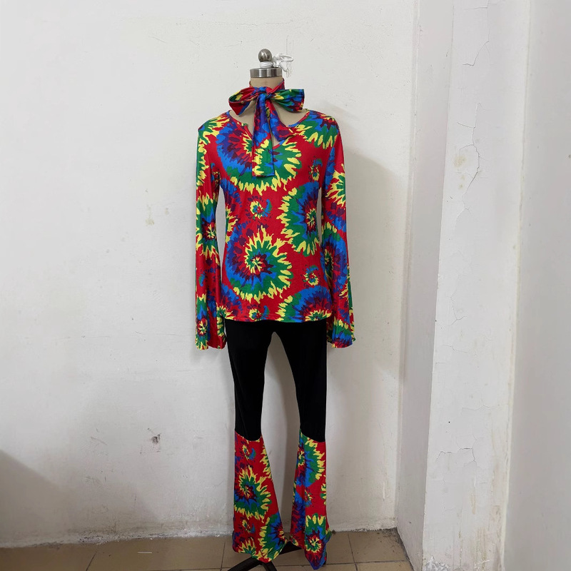 Amazon Halloween Cross Border Women's Clothing 1970 s 80 s Hippie Costume Printed suit Hijab