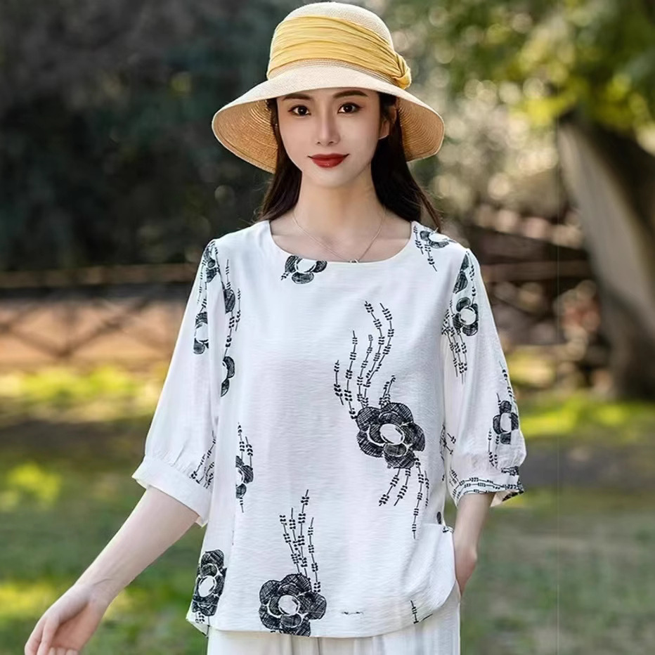 Cross-border nueva camiseta de mujer china impresa de manga media camiseta de mujer de verano camiseta de base de cuello redondo artística ocio image 6